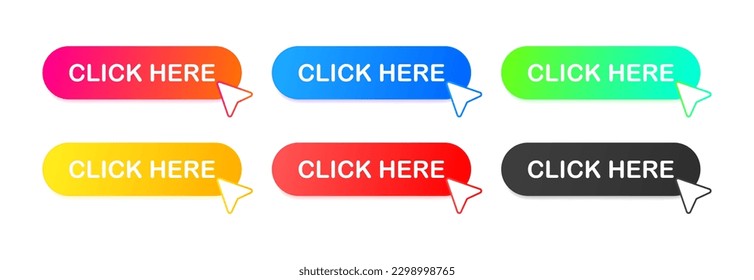Click here banner. Flat, color, click here button. Vector illustration.