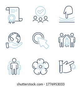 Click here, Blood donation and Group line icons set. Diploma certificate, save planet, group of people. Elastic, Natural linen and Partnership signs. Push button, Medicine analyze, Managers. Vector