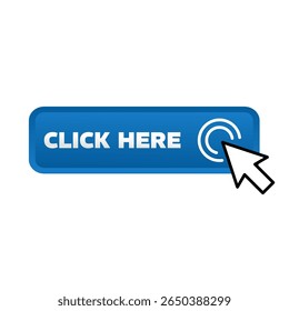 Click here, blue rectangular 3D button - vector illustration