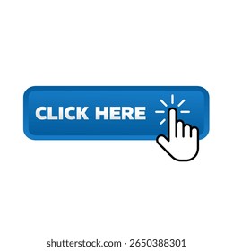 Click here, blue rectangular 3D button - vector illustration