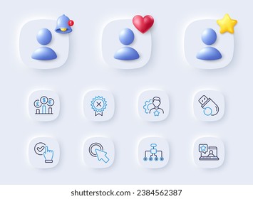 Click here, Brand and Online rating line icons. Placeholder with 3d bell, star, heart. Pack of Currency rate, Restructuring, Reject medal icon. Checkbox, Flash memory pictogram. Vector