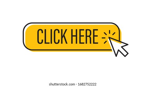 Click here button with arrow clicking icon. Mouse pointer.