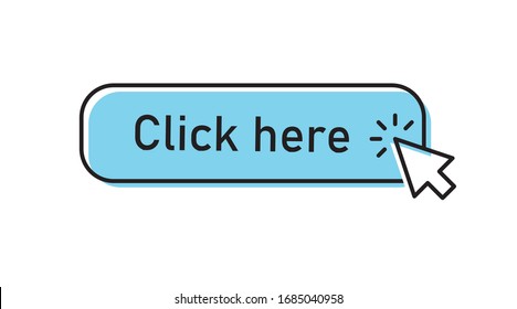 Click here button with arrow clicking icon. Mouse pointer.