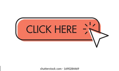 Click here button with arrow clicking icon. Mouse pointer.