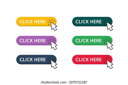 Click here button with arrow pointer clicking icon. Click here vector web button. Web button with action of arrow pointer. Click here, UI button concept. Vector illustration