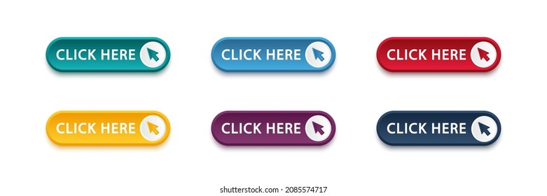 Click here button with arrow pointer clicking icon. Click here vector web button. Web button with action of arrow pointer. Click here, UI button concept. Vector illustration