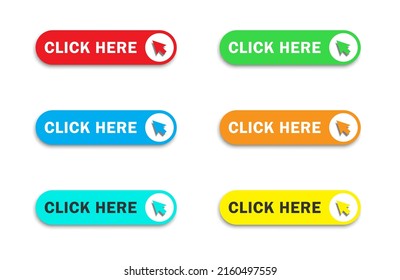 Click here button with arrow pointer clicking icon. Web button. Flat vector illustration.