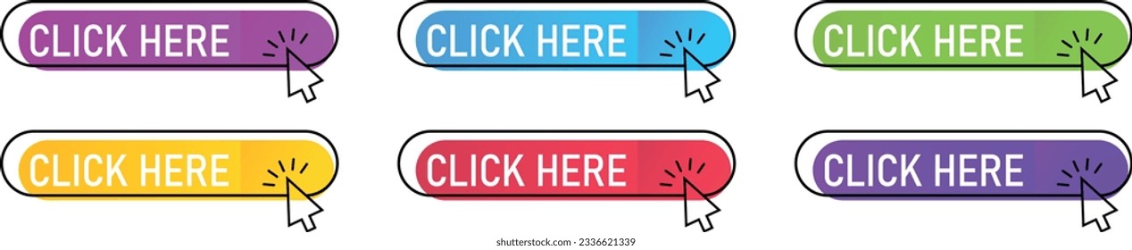 Click here button with arrow pointer clicking icon. Click here vector web button. Click here 3d push button.