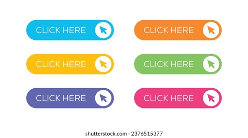 Click here button with arrow pointer clicking icon. Click here vector web button.