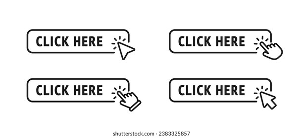 Click here button with arrow pointer clicking icon. Click here vector web button. Web button with action of arrow pointer. Click here, UI button concept. Vector illustration