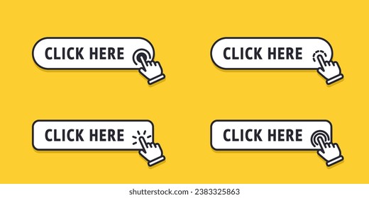 Click here button with arrow pointer clicking icon. Click here vector web button. Web button with action of arrow pointer. Click here, UI button concept. Vector illustration