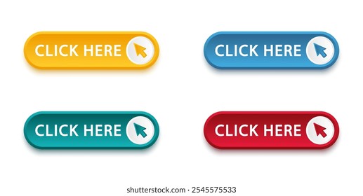 Click here button with arrow pointer clicking icon. Click here vector web button. Web button with action of arrow pointer. Click here, UI button concept. Vector illustration