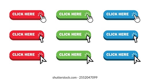 Click here button with arrow pointer and hand icon button. Click here vector button. click here action of arrow and hand pointer. Click here, UI button vector illustration on white background.