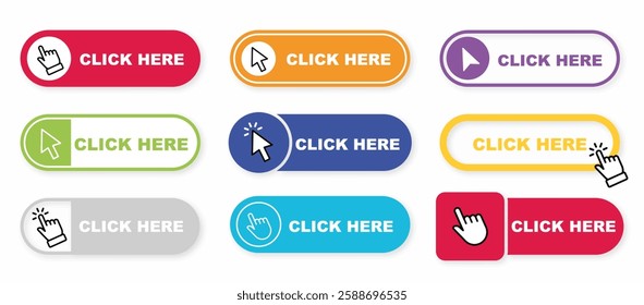 Click here button with arrow pointer clicking icon. Click here vector web buttons. Web button with action of arrow and hand pointer. Vector illustration.