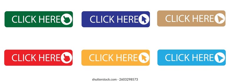Click here button with arrow pointer clicking icon. Click here vector web button. Web button with action of arrow pointer. 
Click here, UI button concept of  Vector illustration