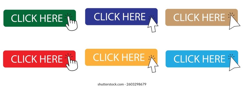 Click here button with arrow pointer clicking icon. Click here vector web button. Web button with action of arrow pointer. 
Click here, UI button concept of  Vector illustration