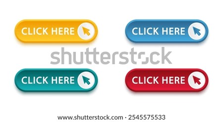Click here button with arrow pointer clicking icon. Click here vector web button. Web button with action of arrow pointer. Click here, UI button concept. Vector illustration
