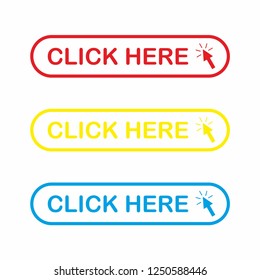 Click here button with clicking arrow, vector icon