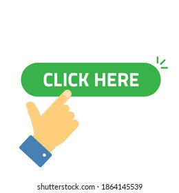 Click here button with clicking hand pointer finger icon vector flat cartoon isolated, concept of promotional motivational action modern design
