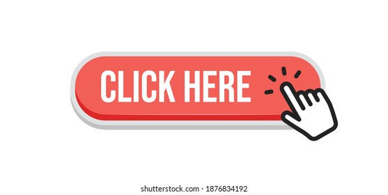 Click here button with clicking hand icon. Flat design style.