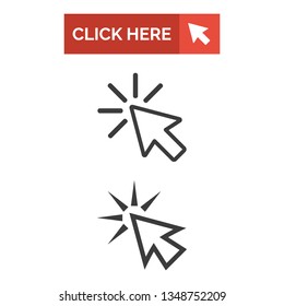 Click here button and cursor icon on white background. Vector illustration