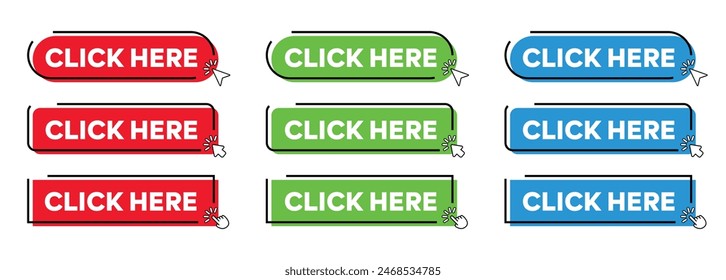 Click Here Button with Click cursor. Modern Simple web action button with click cursor or arrow pointer vector illustration set