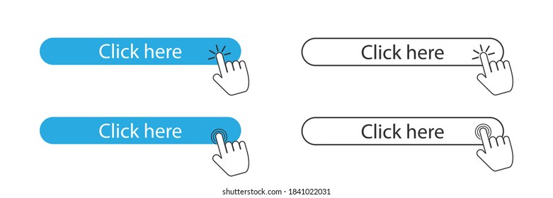 Click here button and cursor pointer. Isolated website registration button on white background. Hand cursor in outline and bold style. Push and click on button. Vector illustration. EPS 10