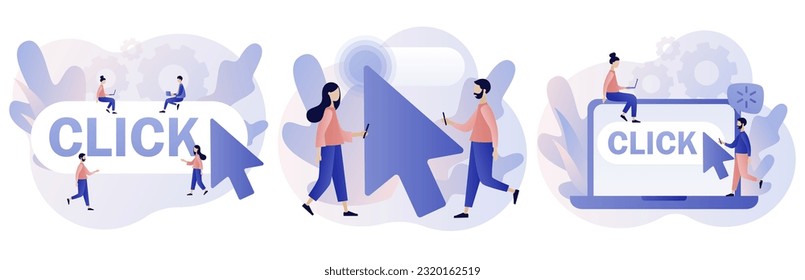 Click here button. Cursor pointer sign. Tiny people with huge mouse arrow click. Internet concept. Modern flat cartoon style. Vector illustration on white background
