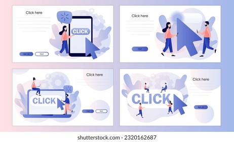 Click here button. Cursor pointer sign. Tiny people with huge mouse arrow click. Internet concept. Screen template for landing page, template, ui, web, mobile app, poster, banner, flyer. Vector 
