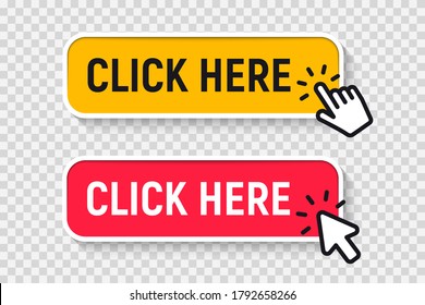 Click Here Button with Click cursor. Set for button website design. Click button. Modern action button with mouse click symbol. Computer mouse cursor or Hand pointer symbol