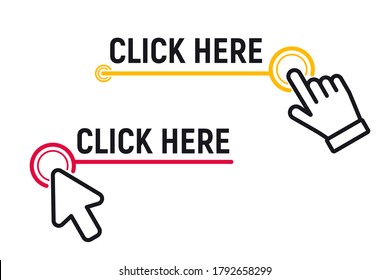 Click Here Button With Click Cursor. Set For Button Website Design. Click Button. Modern Action Button With Mouse Click Symbol. Computer Mouse Cursor Or Hand Pointer Symbol