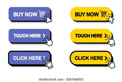 Click Here Button with Click cursor. Set of action buttons website buy or download. Click button. Computer mouse cursor or Hand pointer symbol. Touching cursor for buy or register or links to websites