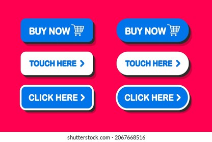 Click Here Button with Click cursor. Set of action buttons website buy or download. Click button. Computer mouse cursor or Hand pointer symbol. Touching cursor for buy or register or links to websites