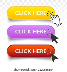 Click Here Button with cursor. Set for button website design. Click button. Modern action button with mouse symbol. Computer mouse click cursor or Hand pointer symbol
