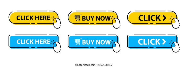 Click Here Button with Click cursor. Set of action buttons website buy or download. Click button. Computer mouse cursor or Hand pointer symbol. Touching cursor for buy or register or links to websites