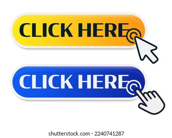 Click Here Button with Click cursor. Set for button website design. Click button. Modern action button with mouse click symbol