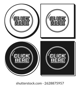 Click Here Button Flat Black and Outline Style. Simple Click Here Button. Button Icon on White Background.