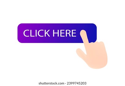 Click here button. Flat, purple, pressing the button with your finger, click here button. Vector icon