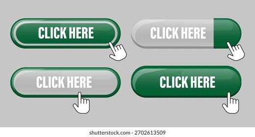Clique aqui botão. Elemento web verde. Ícone de interface do usuário interativa. Símbolo do cursor da mão.