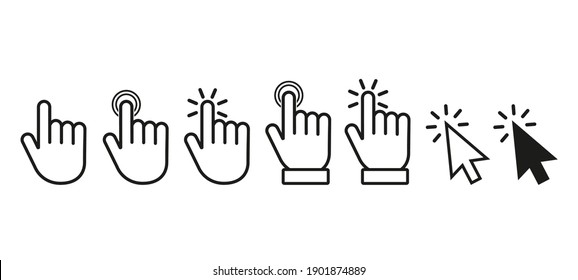Click here the button with the hand and arrow icon. set of linear icons for websites. flat vector illustration isolated on white background
