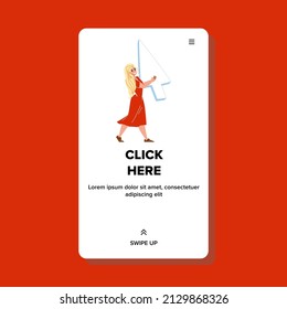 Click here button. hand arrow. press web cursor. internet pointer character web flat cartoon illustration