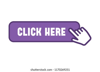 Click here button with hand clicking icon, vector illustration