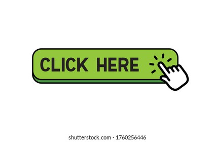 Click here button with hand clicking icon. Design template for website.