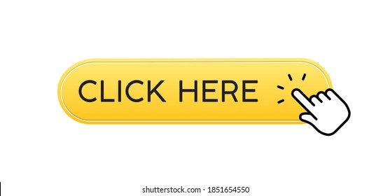 Click here button with hand clicking icon. 3d shiny style vector.