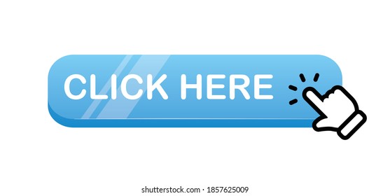 Click here button with hand clicking icon. 3d shiny style vector.