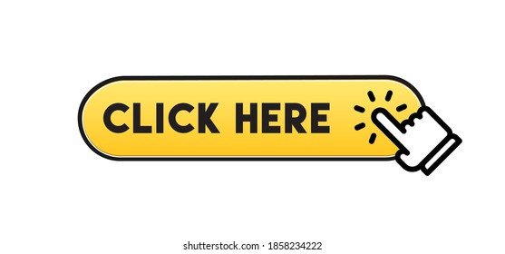 Click here button with hand clicking icon. 3d shiny style vector.