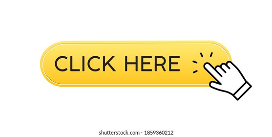 Click here button with hand clicking icon. 3d shiny style vector.