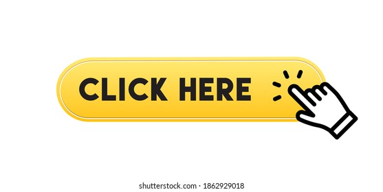 Click here button with hand clicking icon. 3d shiny style vector.