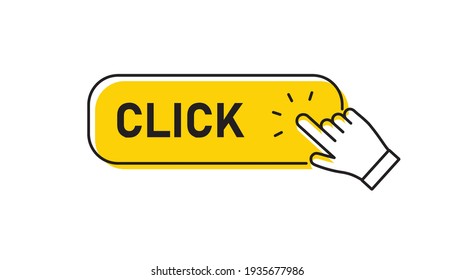 Click here button with hand clicking icon. Mouse pointer.