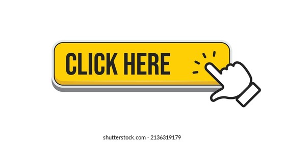 Click here button with hand clicking icon. Vector design.